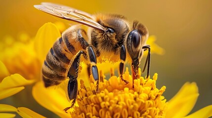 Close up of a bee on a yellow flower. Macro shot.
