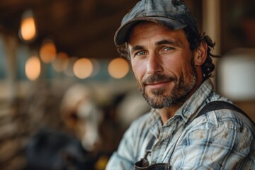 A close-up portrait of a bearded man with a cap on, exuding a rugged, rustic charm and warmth - Powered by Adobe