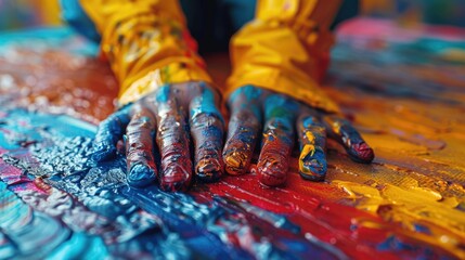 Close-up of hands covered in vibrant paint over a colorful background.