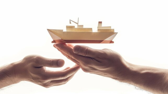 An individual hands another a paper ship with the concept of booking a cruise tour and moving cargo. Isolated on a white background.