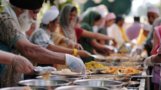 Indian men volunteer in gloved serving langar dish on the street on Baisakhi holiday, idea of spirit of mutual help