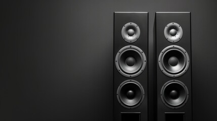 Black background with two sound speakers separated by free space. - obrazy, fototapety, plakaty