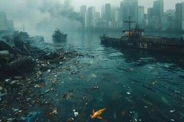 This image depicts a polluted water body with trash floating and ships, showcasing the environmental issues facing urban areas - obrazy, fototapety, plakaty