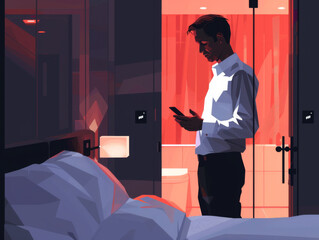 An illustration of a man checking his phone at night with a warm light from a window.