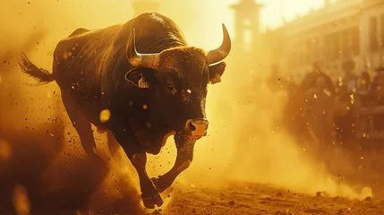 Afwasbaar fotobehang Charging bull in a sunlit arena, dust swirling, low angle, action-packed bullfight scene  © AlexCaelus