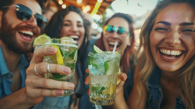 summer holidays, celebration, drinks and people concept - close up of female hands with mojito glasses over beach background