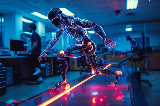 Biomechanical analysis with motion capture sensors, dynamic angle, well-lit lab, athlete in motion