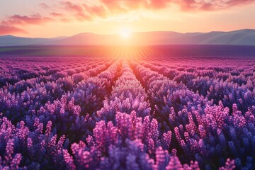 Beautiful Purple Flower fields, sunrise light - obrazy, fototapety, plakaty