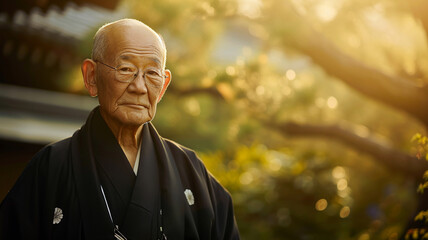 A photograph of a dignified elderly man, adorned in traditional Japanese kimono