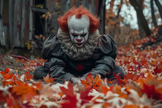 A menacing clown wearing a bright red wig and pale face makeup sits amidst colorful autumn leaves, creating a spooky atmosphere - Powered by Adobe