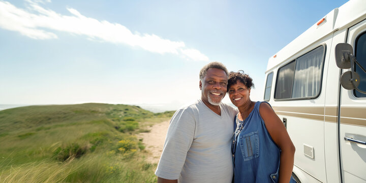 Smiling Senior African American Couple in Front of Their Camper Van on a Sunny Day at the Beach