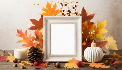Naklejka na ściany i meble Fall Foliage Delight: Decorated Empty Photo Frame Mockup