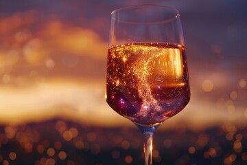 Wine swirling with augmented reality stars, serene setting, detailed shot, a sip of the universe 
