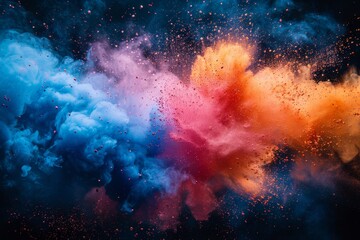An impactful scene of blue and red clouds dramatically bursting in a dance of colors and textures