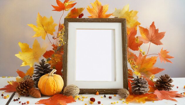 Harvest Memories: Autumn Leaves Surround Empty Photo Frame Mockup