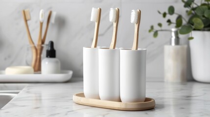 Blank mockup of an adjustable toothbrush holder accommodating toothbrushes of different sizes. .