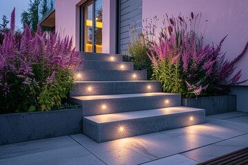 highly detailed photo of big square step stairs grey concrete stairs with garden thin line lights
