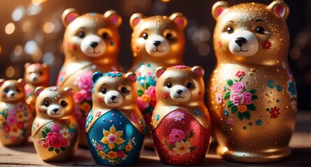 Fototapeta na wymiar Background with Russian souvenirs - bear dolls