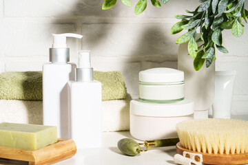 Natural cosmetic products, beauty product in the bathroom on white background.