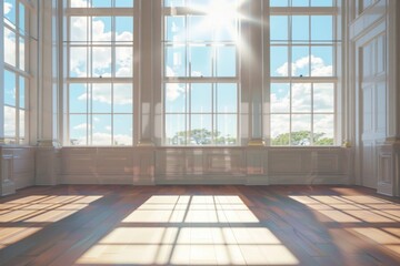 Sunlight streams through windows of vacant room in building
