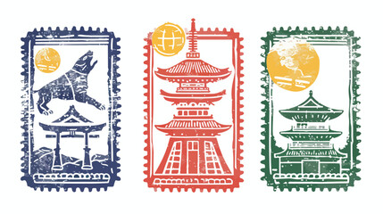 Japan China South Korea. Postage mail stamps postmark - obrazy, fototapety, plakaty