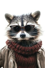 A raccoon portrait capturing winter-ready fashion with a puffy jacket
