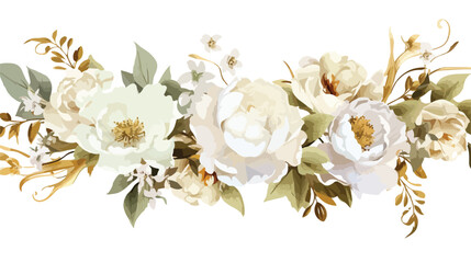 Bouquets frame border. White flowers rose peony gold