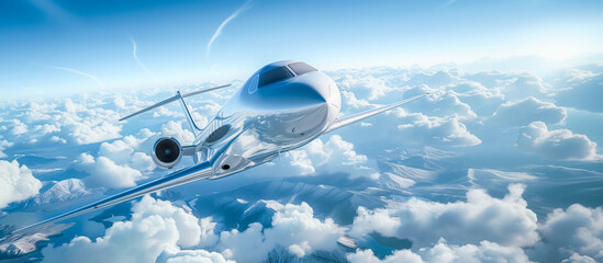 Silver private jet soaring above clouds, epitomizing luxury travel. Sleek design against a bright blue sky. 