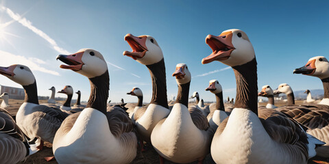 Obraz premium A Flock of Geese Stand in a Field with Their Beaks Open. A flock of domestic geese with white feathers stand close together in a grassy field with their beaks open. The sky behind them is clear blue