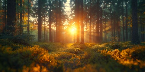 In a tranquil forest, sunlight filters through the lush green canopy, creating a peaceful and majestic scene of natural beauty. - obrazy, fototapety, plakaty