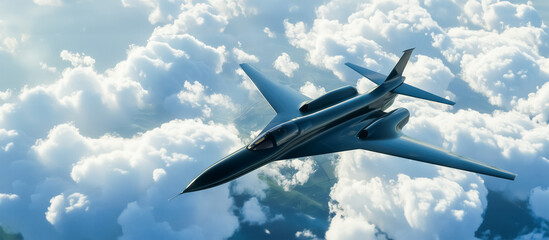 Black fighter jet soaring above the clouds, showcasing its sleek design against a backdrop of a...
