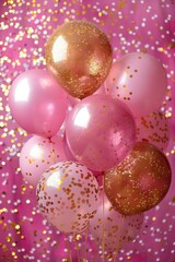 Pink and gold balloons with confetti on a sparkling background.
