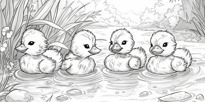 Adorable illustration of ducklings swimming happily in a pond surrounded by lush green grass, coloring page.