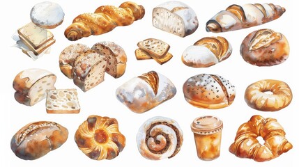A watercolor set depicting different types of bread and pastries
