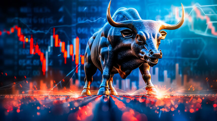 Charging bull statue on a digital stock market background, symbolizing financial growth, surrounded by graphs and data, illuminated in dynamic blue and red lights. 