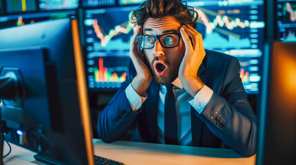 Stressed trader in front of computer monitors, overwhelmed by market trends and stock performance. Dimly lit room, hands on head, intense atmosphere.