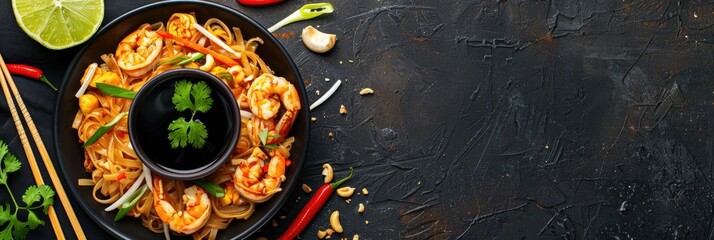 Obraz na płótnie Canvas Appetizing Pad Thai Noodle Dish with Shrimp,Vegetables and Garnishes on Dark Wooden Backdrop