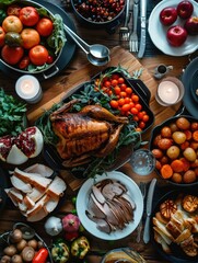 Bountiful Feast of Fresh and Flavorful Homemade Dishes on a Rustic Wooden Table,Celebrating the Harvest and Culinary Delights