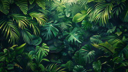 Lush green tropical rainforest with sunlight filtering through. Nature and jungle exploration concept. Design for environmental awareness, eco-tourism, and travel brochures.