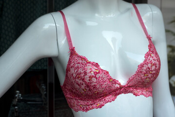 Closeup of pink bra on mannequin in a fashion store showroom