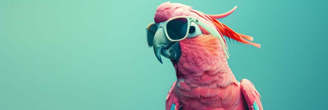 a pink parrot wearing sunglasses at the edge of a turquoise background, in the style of photobash, advertising art, innovative, animals and people, wimmelbilder, grid