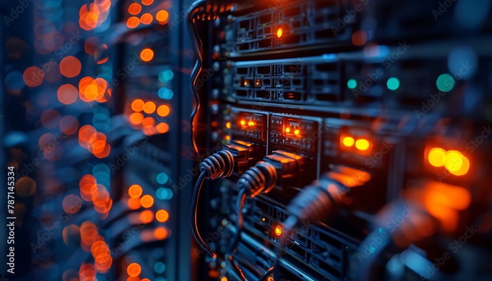 Poster Experience the efficiency and reliability of a high-performance data center in full operation, showcasing sleek server design, intricate cable networks, and soft indicator lights