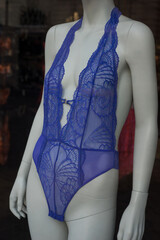 closeup of blue underwear on mannequin in a fashion store showroom - 787145316