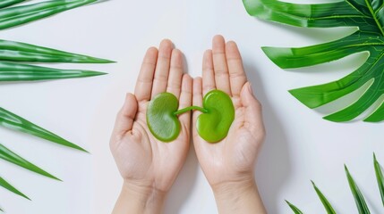 A set of green kidneys arranged between two palms on a white background. This is a representation of healthy kidneys. - obrazy, fototapety, plakaty