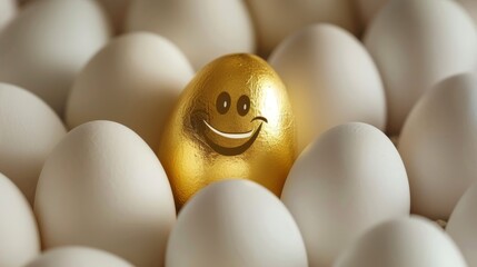 White eggs with a golden egg with a smiling face. Concept of exclusivity, choice, and hiring. - obrazy, fototapety, plakaty
