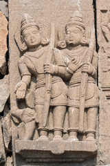 Sculptures or carvings of Ramayana on the outer wall of Lord Vishnu temple. Located in the backwater of Ujjani Dam, Palasdev, Indapur, Maharashtra, India.