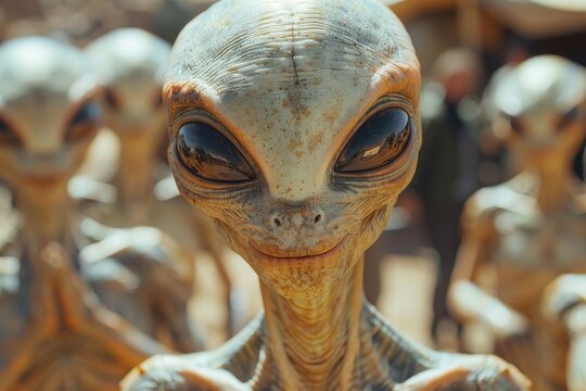 Detailed close-up of an alien figure with big eyes conveying a sense of intelligence and curiosity