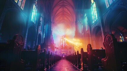 Glowing Cathedral of Ethereal Light - A Visionary Depiction of Spiritual Transcendence - obrazy, fototapety, plakaty