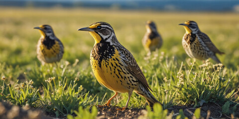 Western Meadowlarks Rest on a Lush Green Field. A group of Western meadowlarks with yellow chests and black stripes stand on a vibrant green field under a clear blue sky.
