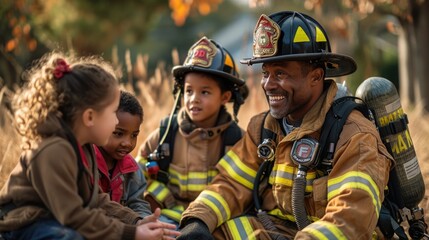 Smiling firefighter interacting with children during educational. International Firefighters' Day